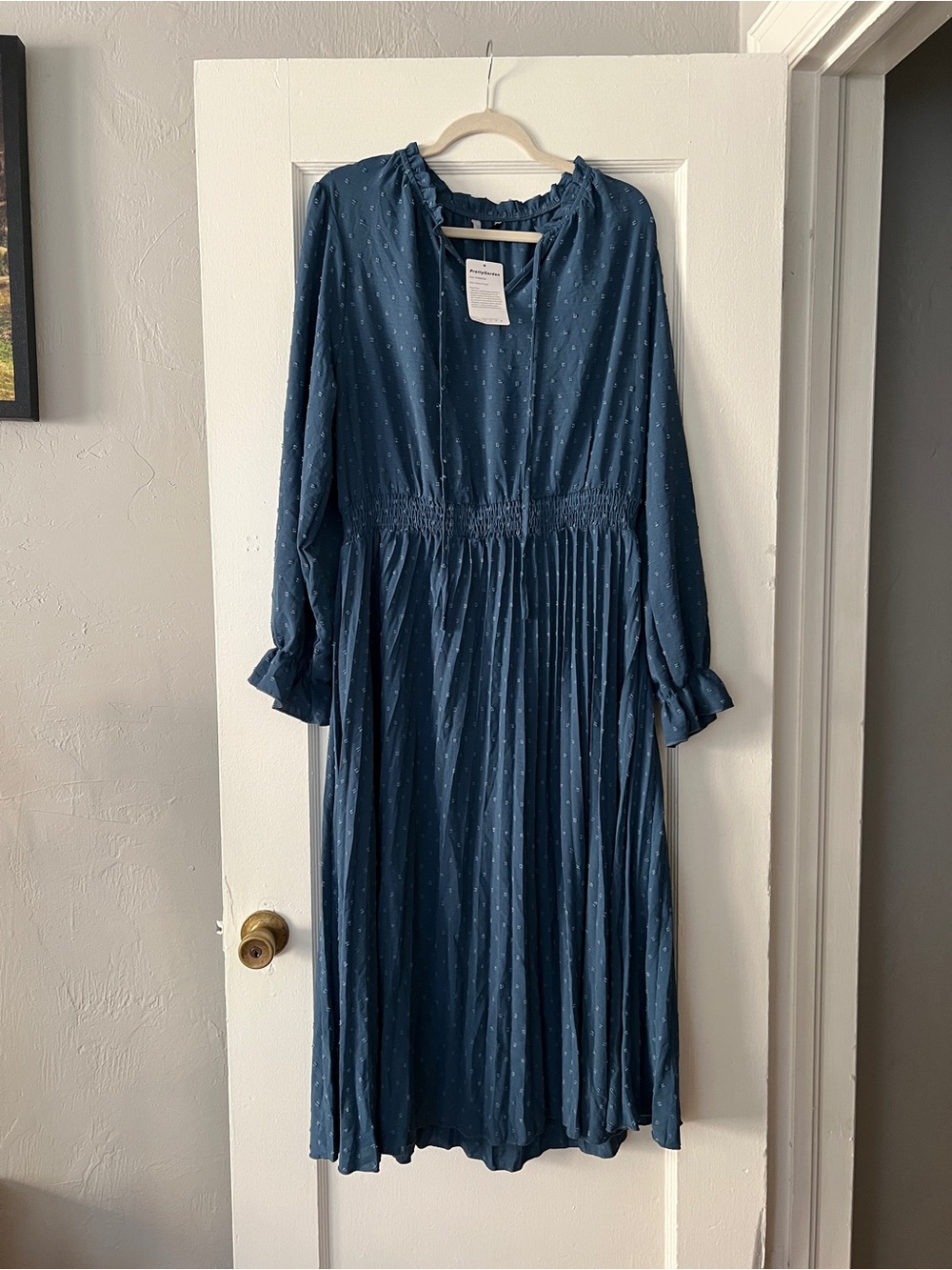 Dotted Navy Long-Sleeve Pleated Midi Dress